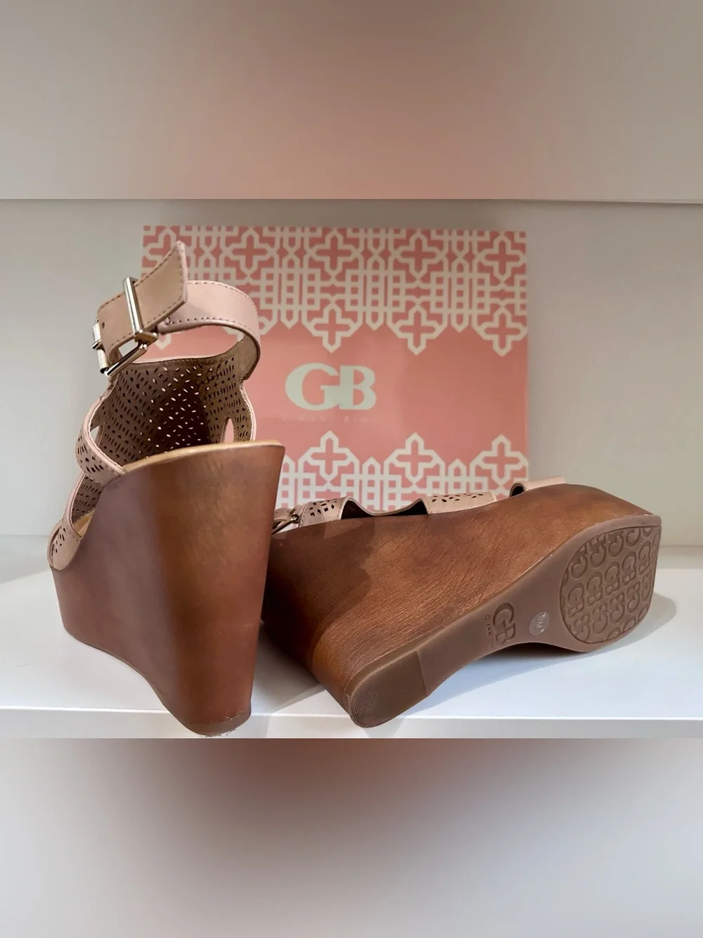 Gianni Bini Beige/Tan Perforated Wedge Sandals